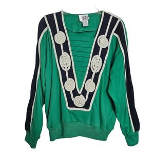Vintage Petite Sophisticate Sport Green & Blue Coil Swirl V Sweatshirt Size P